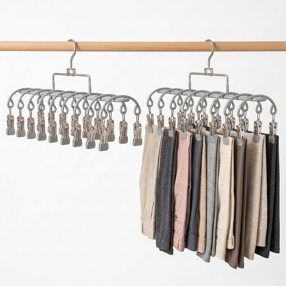2-pack Broekhangers met 40 Clips – Ruimtebesparende Roestvrijstalen Kastorganizer - voor Hoeden Leggings en Jeans – Dubbelrijige Hangers voor Studentenkamerbenodigdheden - Grijs