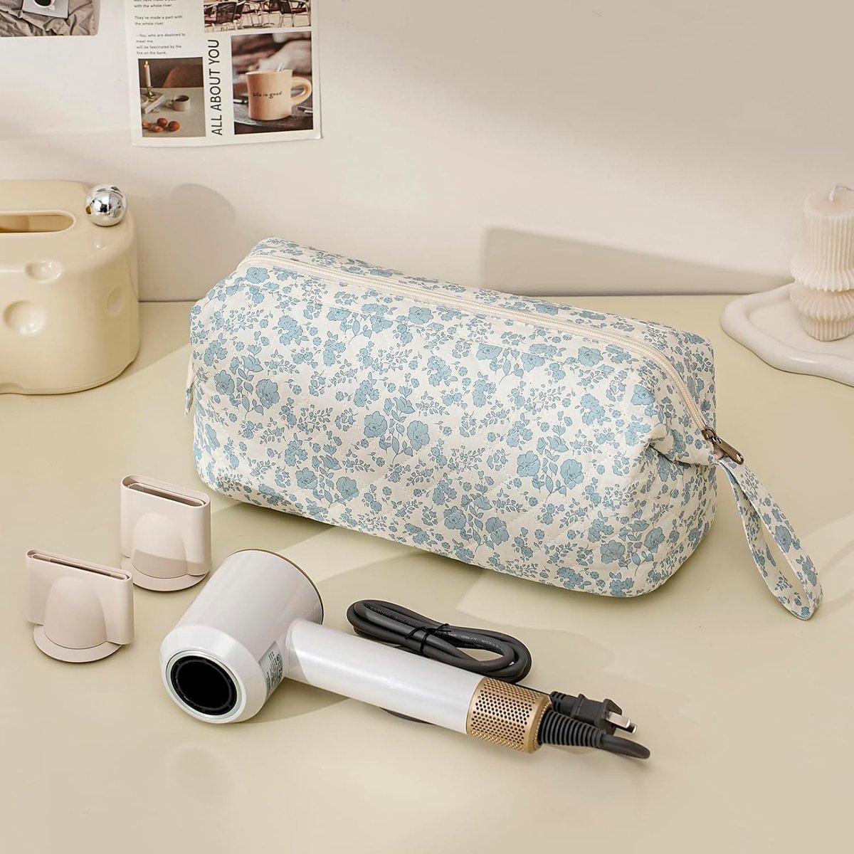 Grote gewatteerde reistas voor haarstylingtools met strikpatroon - Waterdichte opbergtas voor haarstylingaccessoires zoals de Shark FlexStyle, Dyson Airwrap föhn, krultang en Revlon haarstylingtools - Blauw thumbnail 3