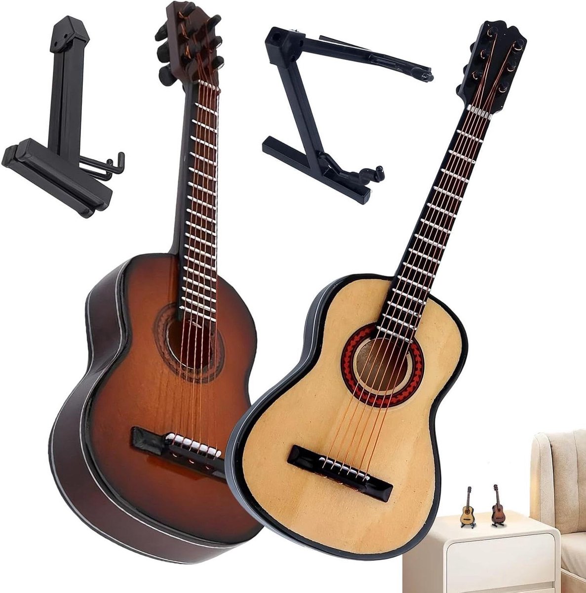 Mini Gitaar Decoratie - Houten Instrument - Huis Inrichten - Gedetailleerd Vakmanschap - 15 cm Lengte - Koffie Houtkleur