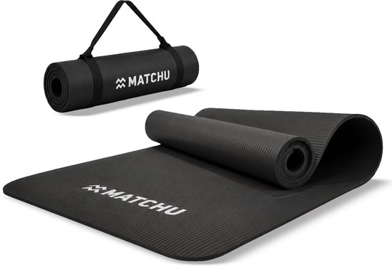 Matchu Sports - Fitnessmat - Yogamat - Sportmat - Fitness mat - Met draagkoord - 180 cm x 60 cm x 0,9 cm - Zwart - NBR