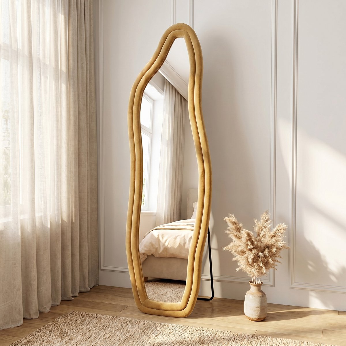 Onregelmatige Staande Spiegel 140 x 45cm, Slaapkamer Vloerspiegel, Golvende Spiegel met Fluwelen Rand, Wandspiegel, Controleer je Outfit, Make-up Details (Goud, 140x45cm)