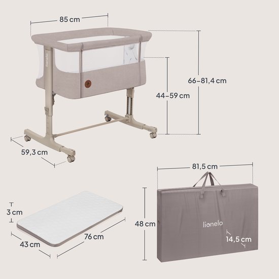 Afmetingen van beige co-sleeper, matras en transporttas.