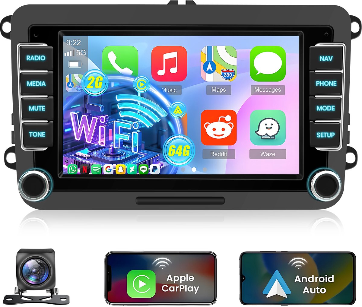 Hexinex Autoradio - Geschikt Voor VW Volkswagen Passat Touran Tiguan Golf 5 6 Jetta Polo Scirocco Caddy-64GB CARPLAY WIFI - Achteruitrijcamera