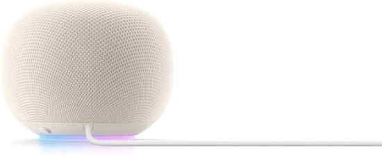 Witte Google Home speaker met gekleurde gloed aan de onderkant.