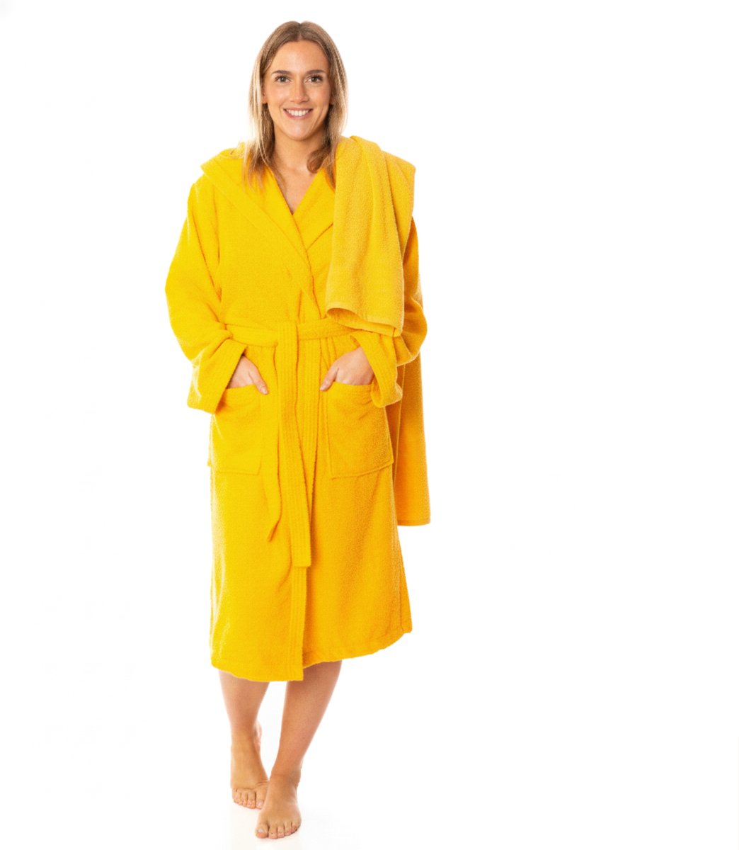 Lavea® Sauna Set Badjas Dames & Heren met Handdoek 80x200 cm – 100% Katoen, Zacht & Sterk Absorberend – Met Capuchon en Ceintuur – OEKO-TEX – Set Badjas XL + Sauna Handdoek – Mango