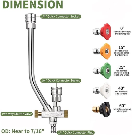 Hogedrukreiniger - Autowaspistool - 1/4 inch Quick Connect Wand met 5 sproeiers (0 °-65 °) - Dubbele connector - Tuinslang Pistool - Spuitpistool - Waterspuit - Spuitmond - Opzetstuk Tuinslang - Voor Tuin & Auto & Schoonmaken — afbeelding 3