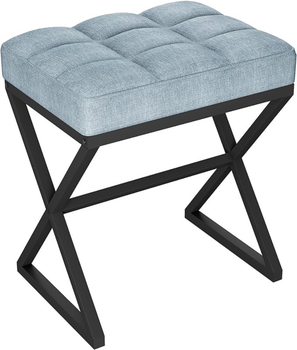 Verte Voetenbankje - Kaptafelkruk - Voetensteun van Linnen - Vierkante Poef met X-vormige Metalen Poten - Make-upkruk voor Kaptafel - Woonkamer - Slaapkamer - Hal - 40×30×46 cm - Blauwgrijs