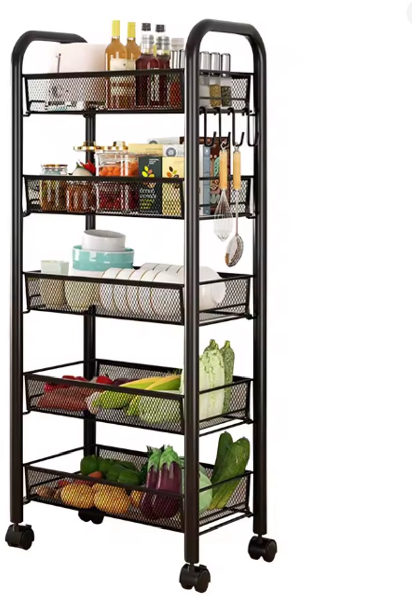 Stervia Opbergkar Keuken - Smalle Opbergkar - 5 Laags - Inclusief 4 Haken - Uitneembare Manden - Wielen Met Rem - Zwart - 102 x 44 x 26 cm