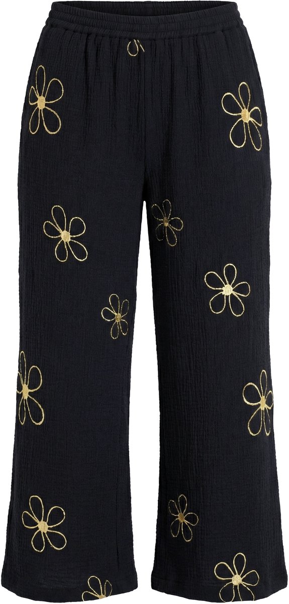 MIAMODA - Dames - Culotte wijde rechte pijp mousseline zilverkleurige bloemen - Zwart - Maat 42