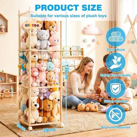 YONO Knuffel Opberger XL – Knuffel Opbergkast op Wielen – Speelgoed Opberger Kinderkamer – Houten Knuffelrek – Opbergmand Knuffels – 136 cm — afbeelding 3