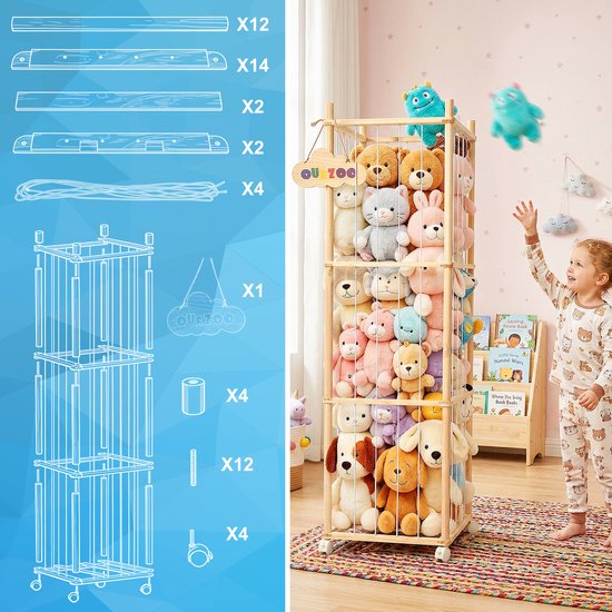 YONO Knuffel Opberger XL – Knuffel Opbergkast op Wielen – Speelgoed Opberger Kinderkamer – Houten Knuffelrek – Opbergmand Knuffels – 136 cm — afbeelding 4