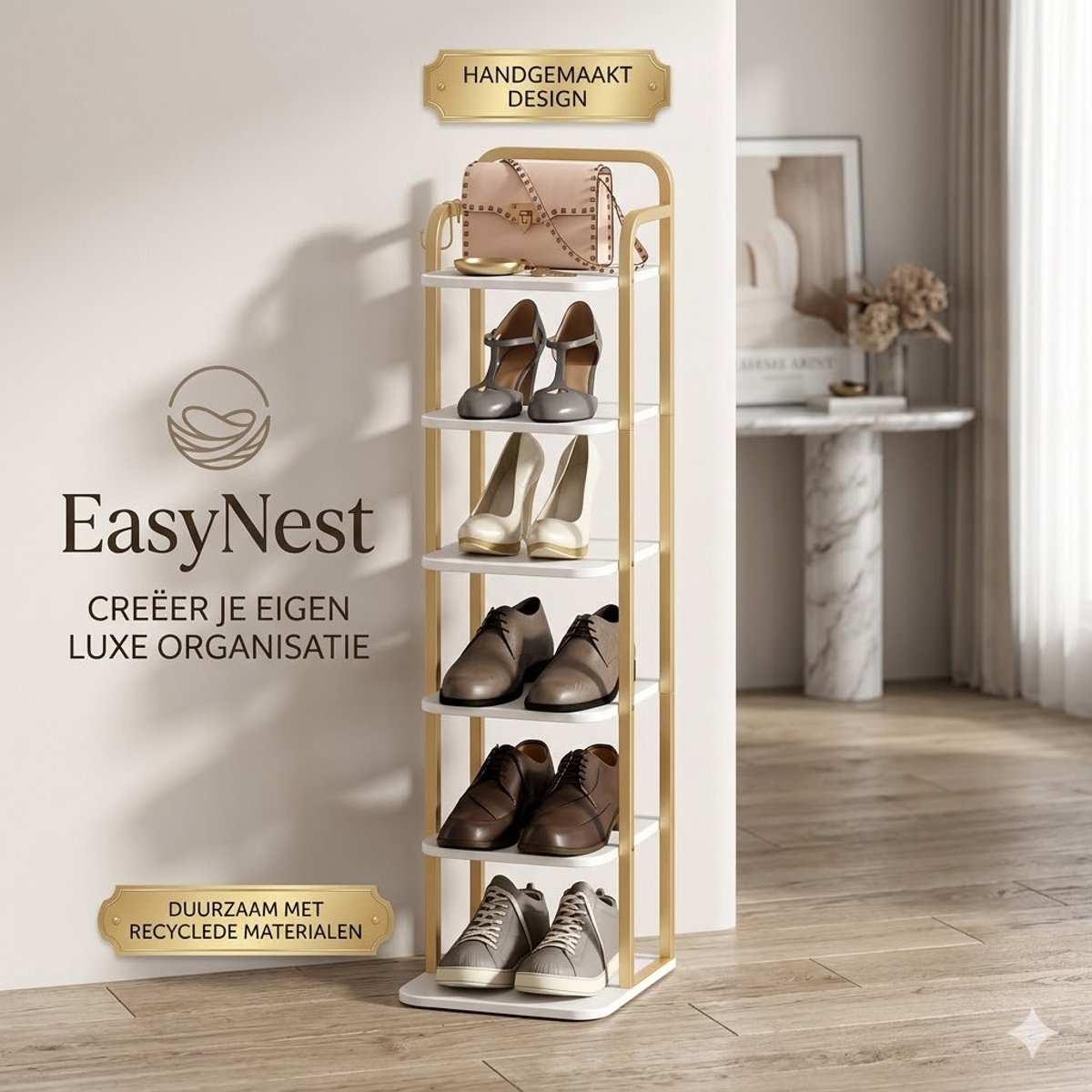 Verticale Schoenenrek 6-Laags – Houten Schoenenorganizer voor Hal, Kast en Kleine Ruimtes – Verstelbare Schoenentoren