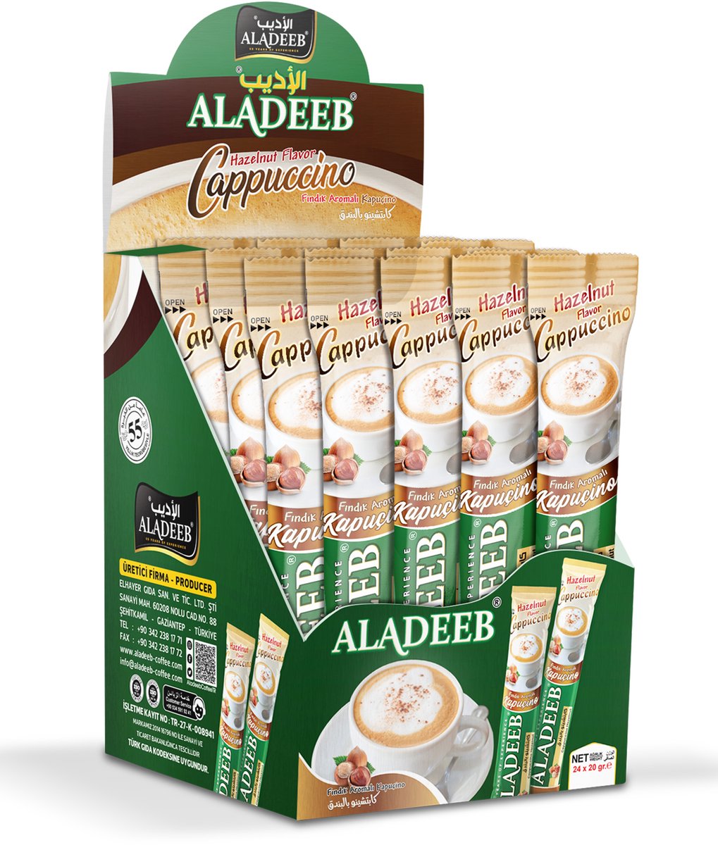 Aladeeb Premium - Hazelnoot Cappuccino Voordeelverpakking - Instant Sticks - 24 x 20 gr