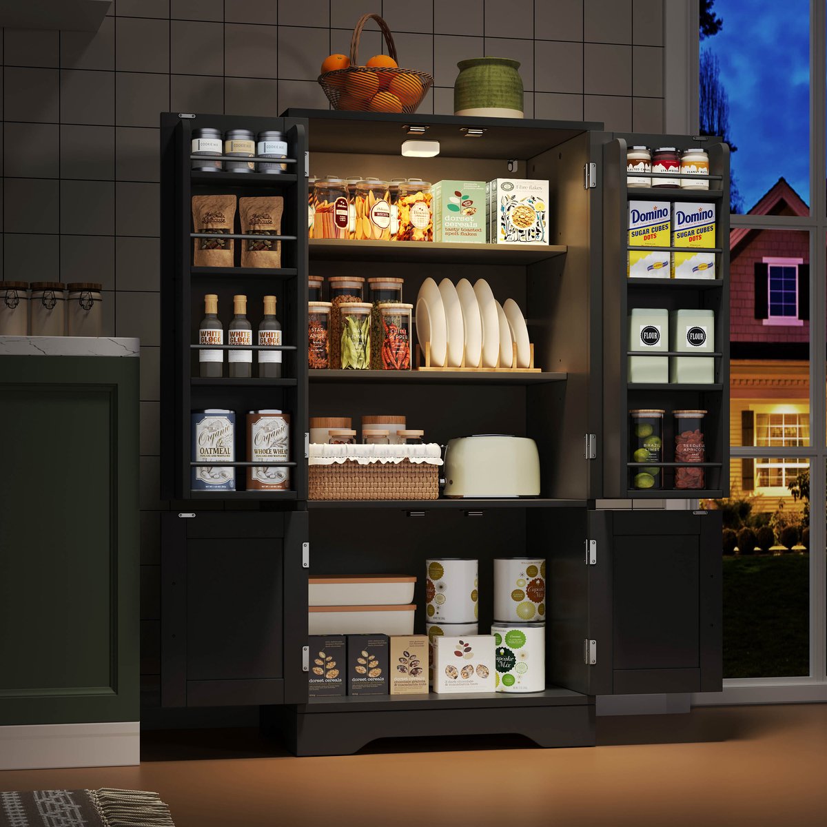 Keukenkast - 120x60x40 cm met LED-sensorverlichting, grote opbergkast met 4 deuren, verstelbare planken en deurvakken – geschikt voor keuken, eetkamer of woonkamer, Zwart
