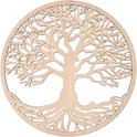 Ronde, houten Levensboom decoratie met zichtbare wortels en takken.