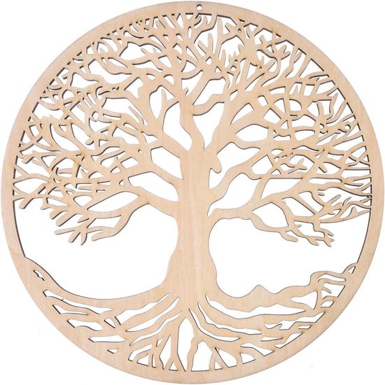 Ronde, houten Levensboom decoratie met zichtbare wortels en takken.