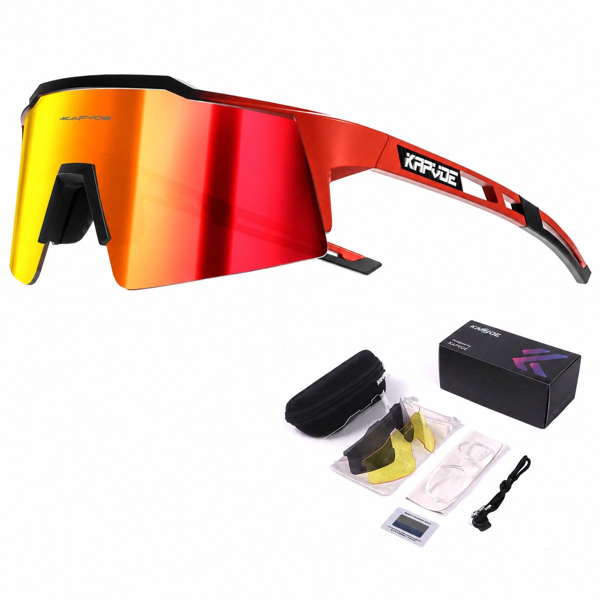 KAPVOE Sport Zonnebril - COMPLETE SET - 4 GLAZEN - Fietsbril - Sportbril - Mountainbike - Wielren - Ski - Wintersport - Polariserend - UV 400 - Nachtbril - Hoesje -Brillenkoker - Rood