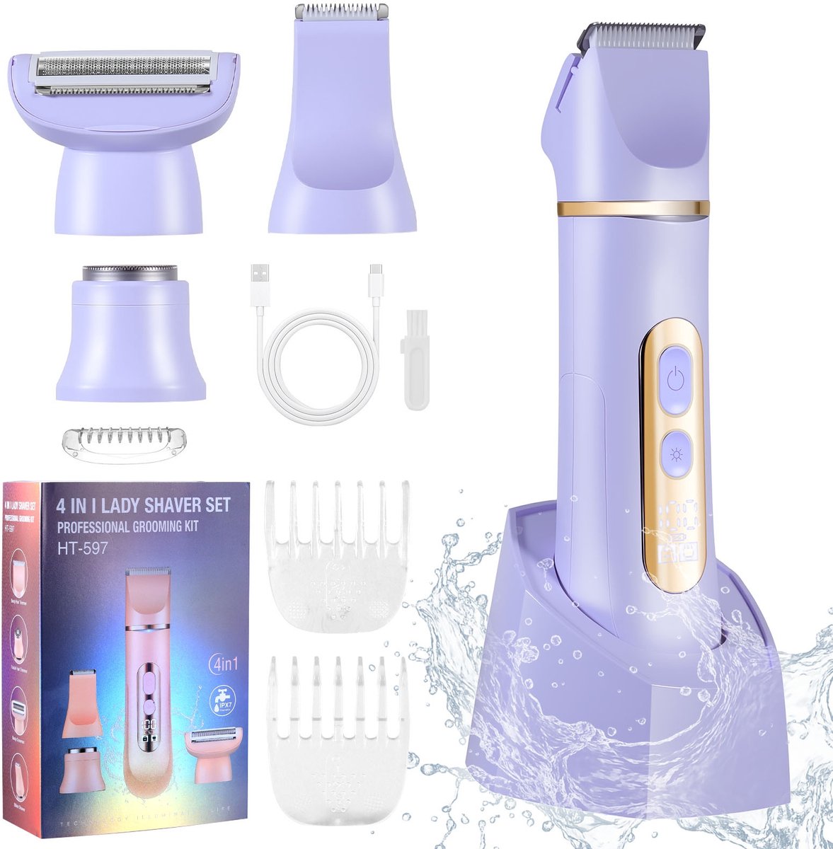 HATTEKER 4-in-1 Ladyshave Gezicht - Oksels - Benen - Bikinilijn - Scheerapparaat Vrouw - Ontharingsapparaat Electrisch Ontharen - Gezichtsontharing Dames - Trimmer Vrouw Intiem- Ladyshaves Bikini - USB Oplaadbaar - Paars