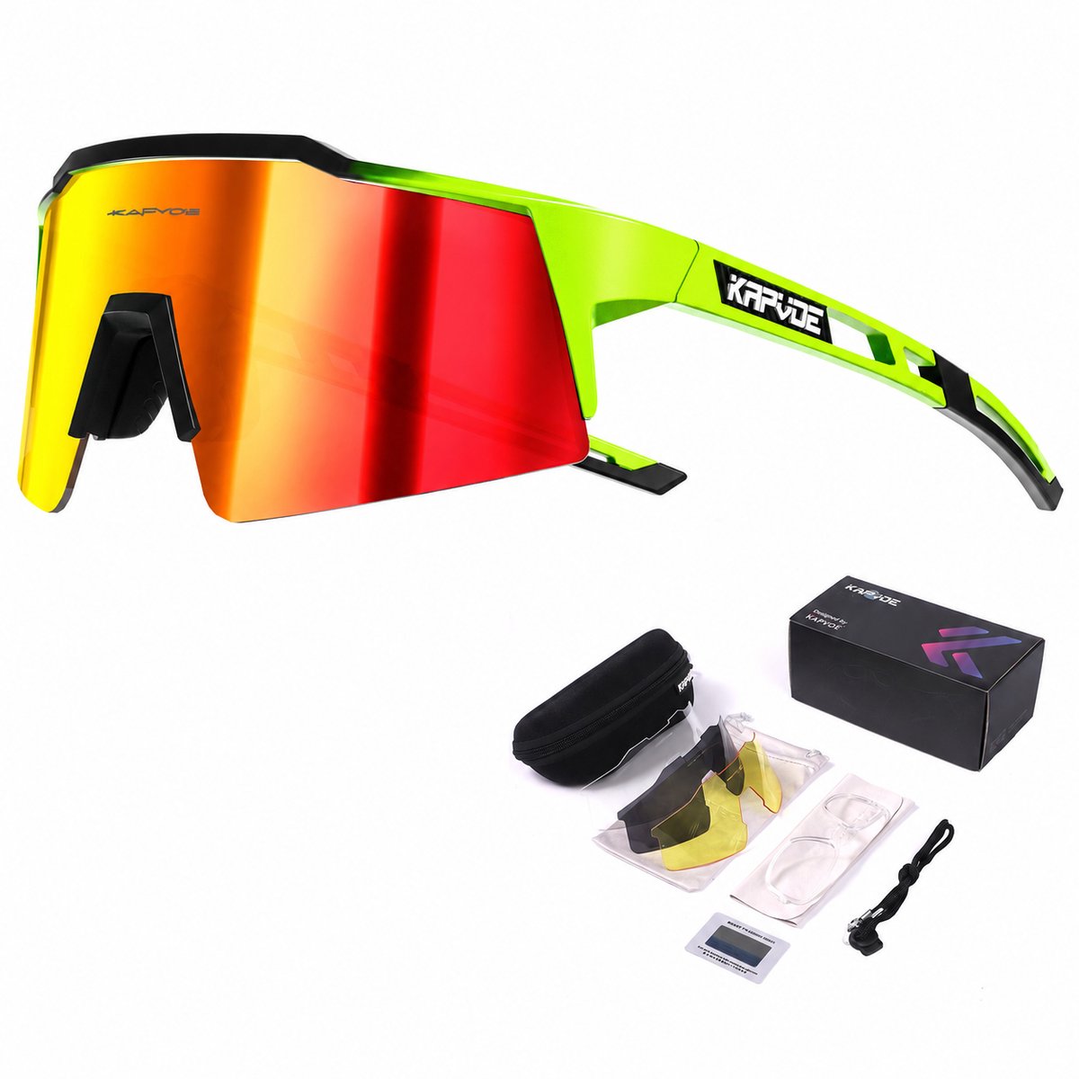 KAPVOE Sport Zonnebril - COMPLETE SET - 4 GLAZEN - Fietsbril - Sportbril - Mountainbike - Wielren - Ski - Wintersport - Polariserend - UV 400 - Nachtbril - Hoesje -Brillenkoker - Oranje geel - apres ski