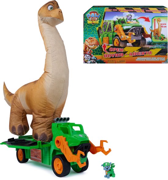 PAW Patrol - De Dino Film - Megasaurus Dino -Voertuig met een opblaasbare speelgoeddinosaurus van 76,2 cm en Rocky-actiefiguur