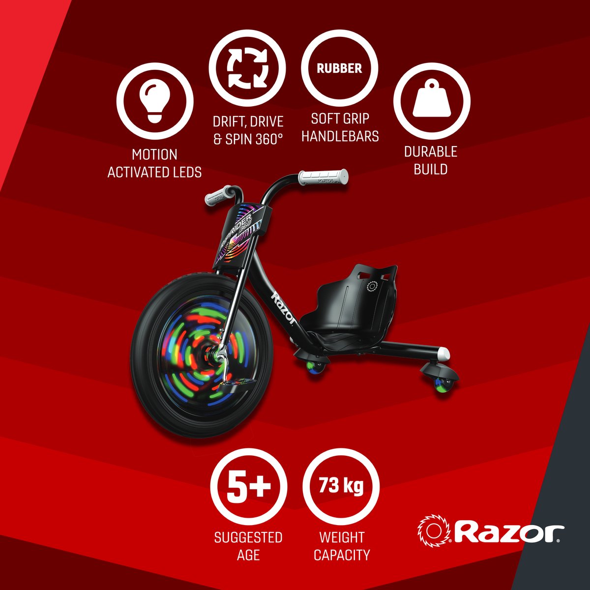Razor RipRider 360 Lightshow - Skelter - Zwart - 360° Draaien - LED Verlichting - Voor Kinderen - Tot 73 kg - Vanaf 5 jaar — afbeelding 2