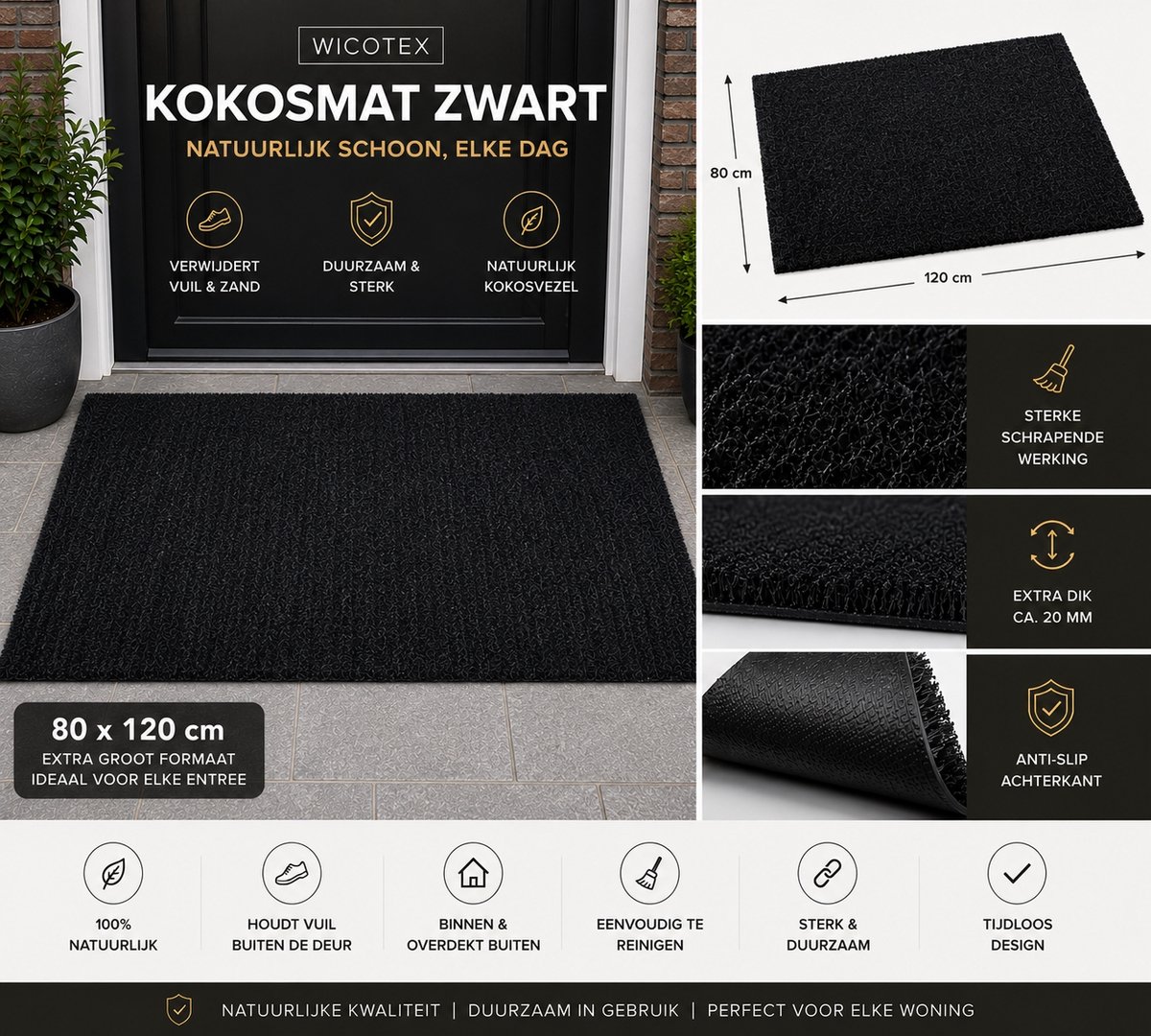 Wicotex Deurmat - kokosmat - Kleur zwart - Afmeting 80x120cm