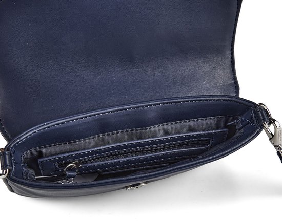Donkerblauwe Valentino clutch, binnenkant met ritsvak en open vak.