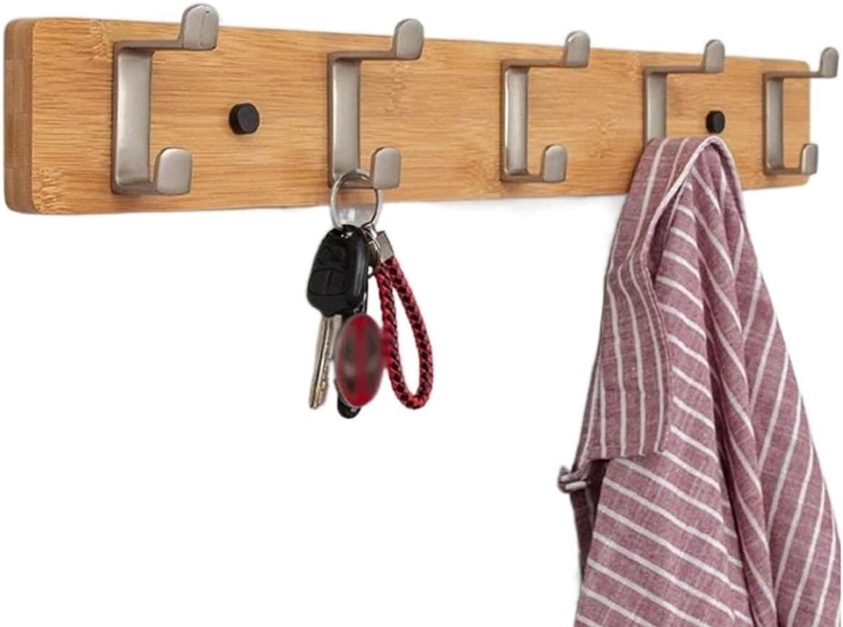 Muurkapstok Haken - Wandrek Haken - Ophangen Jassen - Dubbele Haken - 61 cm - Houtkleur