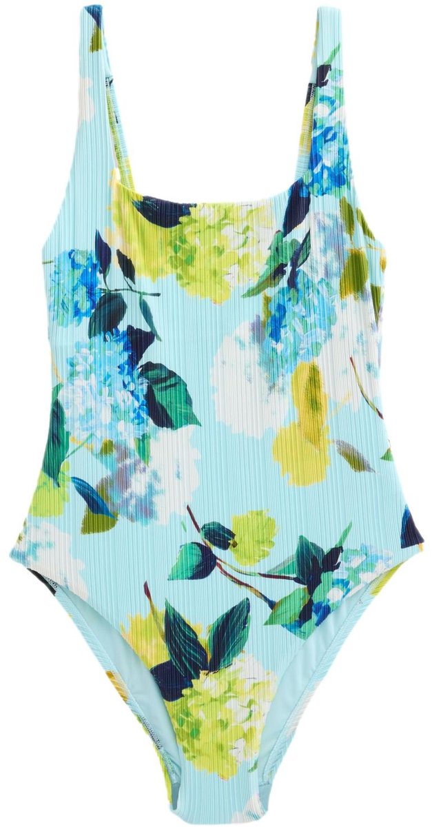 Next Dames - Buikcorrigerend badpak met ribbels en vierkante hals - Tall - Blauw Aqua Blue/Lime Green Floral
