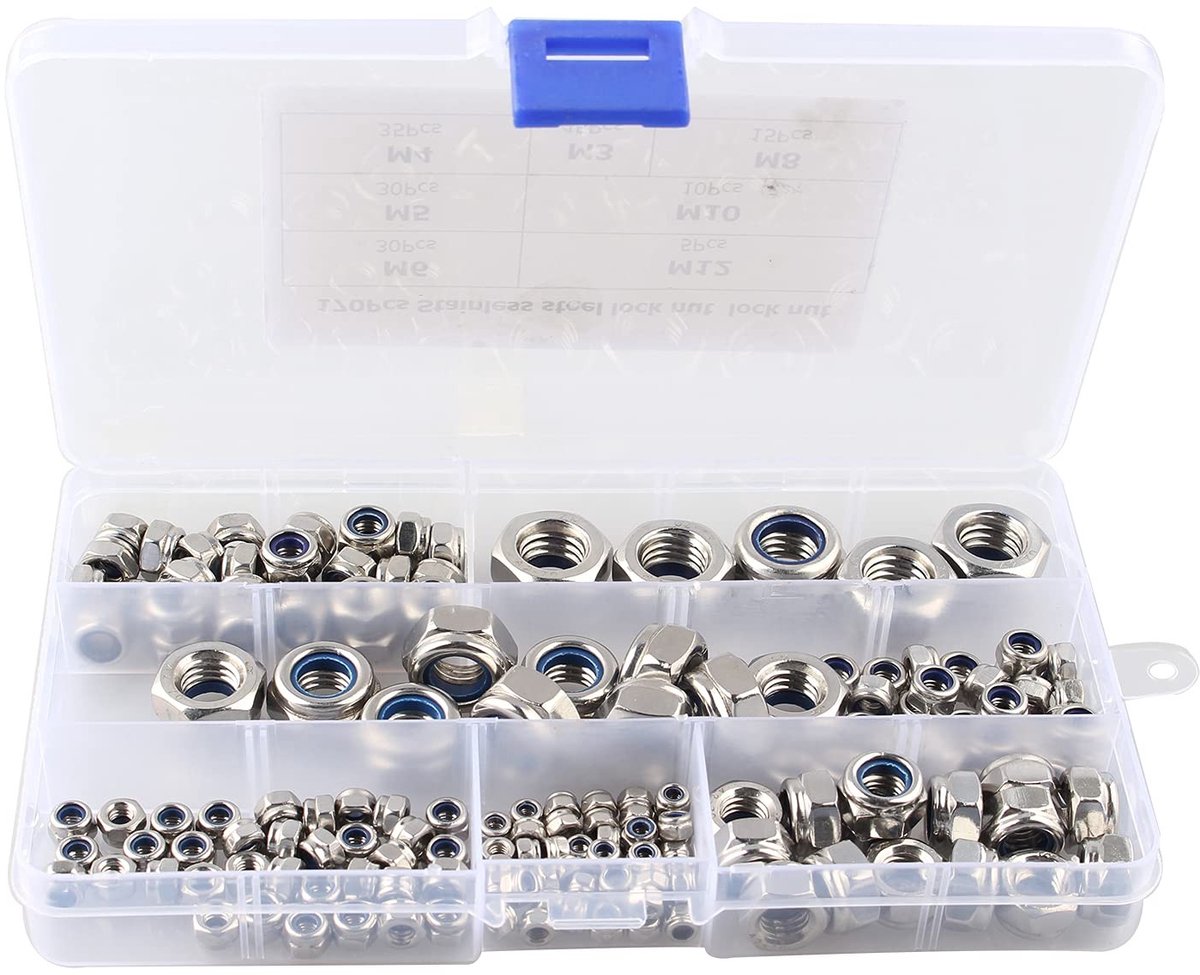 Dailygoods- Zeskantmoeren Assortiment 170 Stuks - Roestvrij Staal/Nylon - M3/M4/M5/M6/M8/M10/M12 - Zelfborgend - Kunststof Opbergdoos - Stevig en Corrosiebestendig - Moeren