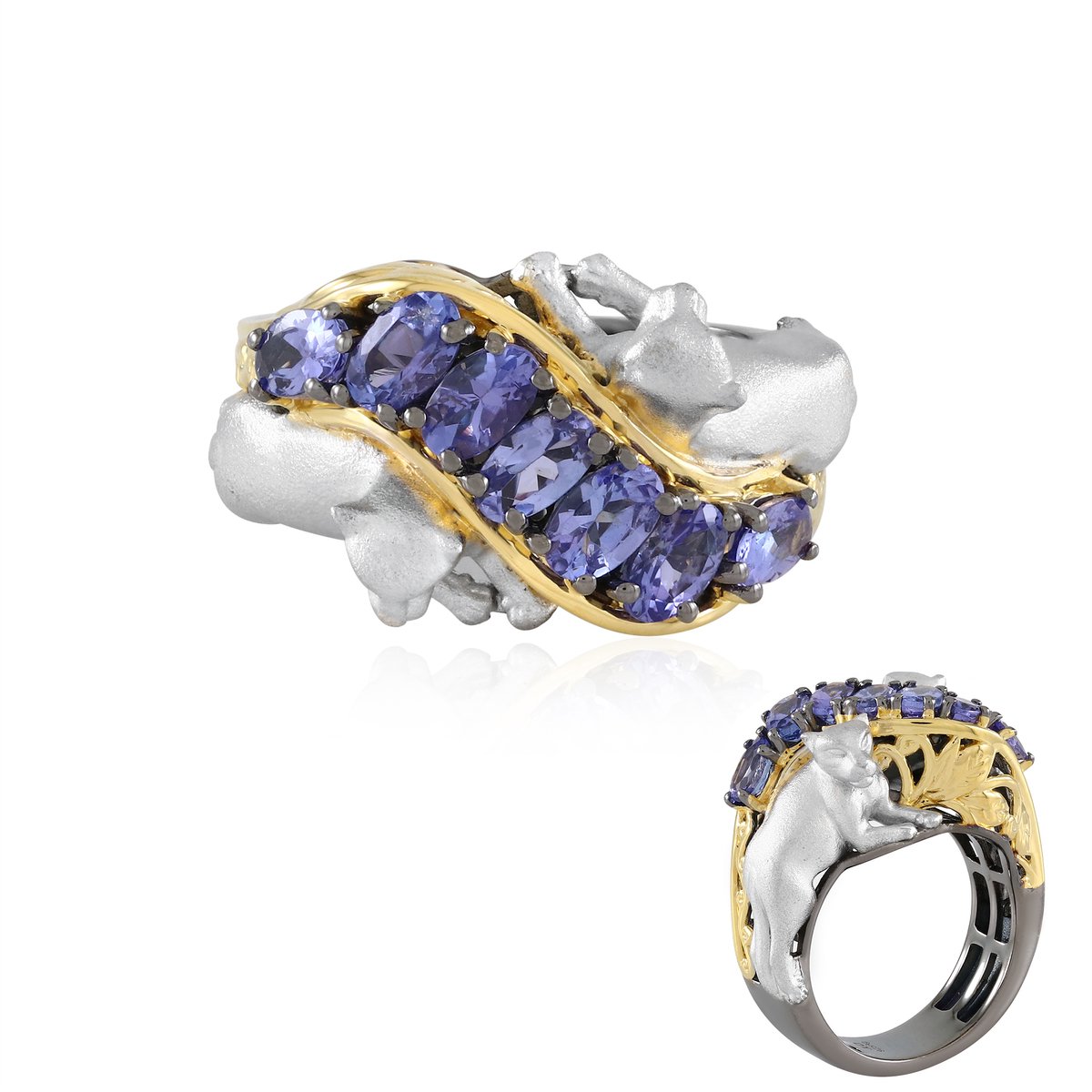 Cavill - Ring 925 Sterling Zilver Palladiumlaag - 10 Ovaal Tanzanieten 1,575 ct - Handgemaakt met Goudkleurige Accenten & Elegant Golfpatroon