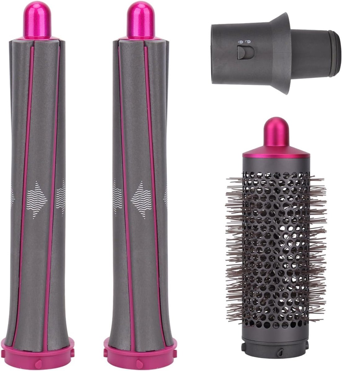 Lange krultangen en ronde volumeborstel voor de Dyson Airwrap HS01/HS05 haarstylingkit. Inclusief 2 krultangen, 1 ronde volumeborstel en 1 adapter.