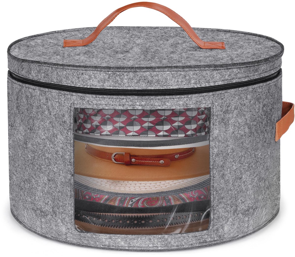 Dailygoods- Hoedenopslagdoos Duurzaam - Ronde Doos Karton - Grote Inklapbare Organizer - Doorzichtig Venster - Leren Handvatten - 43 x 26 cm - Hoedendoos