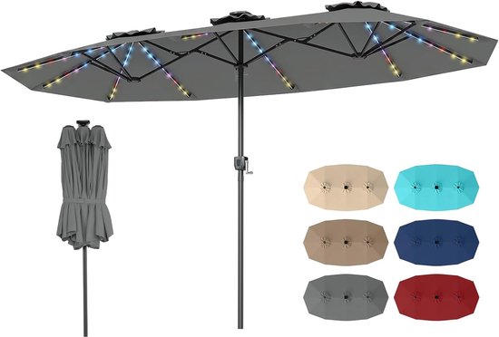 Parasol double gris, ouvert avec éclairage LED et fermé sur un support. Échantillons de couleurs: beige, turquoise, marron, bleu marine, gris et rouge.