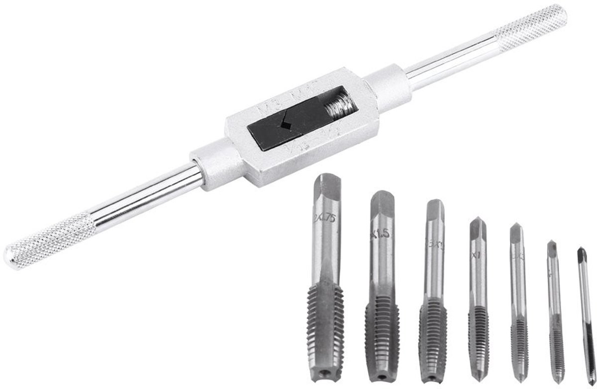 Dailygoods- Tapset Hoogwaardige Staal - Tappenset - Metrische Draad - Verstelbare Handgreep - Antislip - 7 Verschillende Maten - Taps