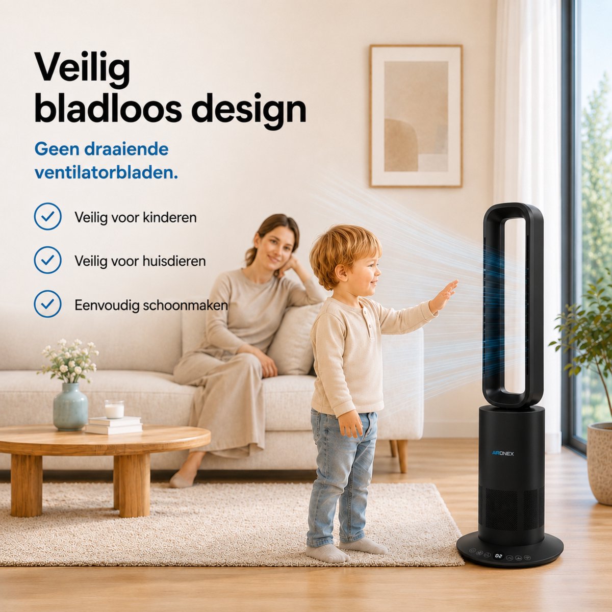Aironex Bladloze Ventilator Zwart - Energiezuinige Luchtkoeler - Aircooler met Draaifunctie - Verwarming en Verkoeling in 1 -Ventilatoren - TafelVentilator -Vloerventilator thumbnail 6