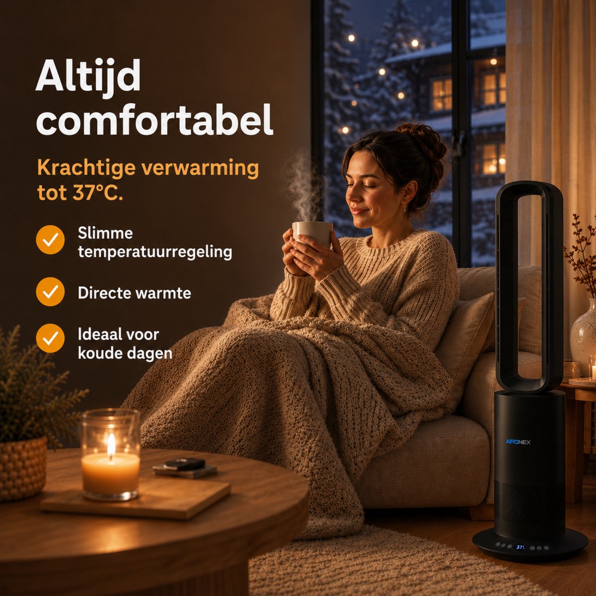 Aironex Bladloze Ventilator Zwart - Energiezuinige Luchtkoeler - Aircooler met Draaifunctie - Verwarming en Verkoeling in 1 -Ventilatoren - TafelVentilator -Vloerventilator thumbnail 4