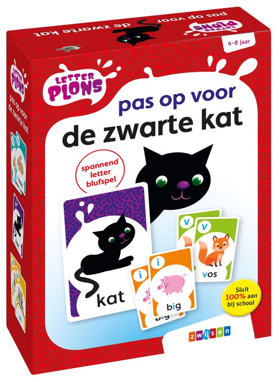 Voorpagina van het spel 'Pas op voor de zwarte kat' met een zwarte kat, een vos, een big en de tekst 'spannend letter blufspel'.