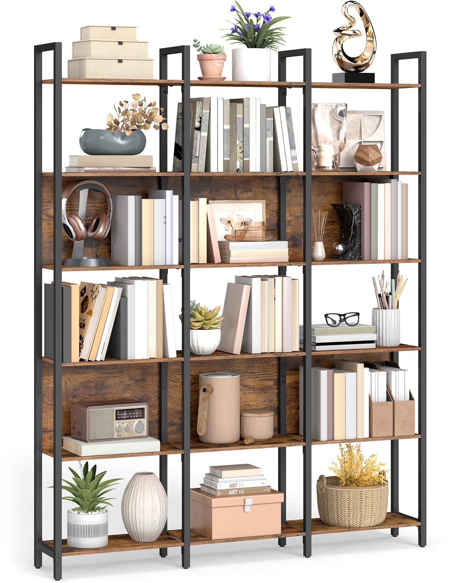 Vasagle Boekenkast - Met 6 Open Planken - Stabiel Stalen Frame - Industrieel Design Vintagebruin-Zwart