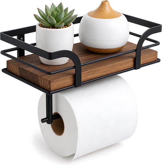 Zwart metalen toiletrolhouder met houten plankje, met een plantje en een diffuser.
