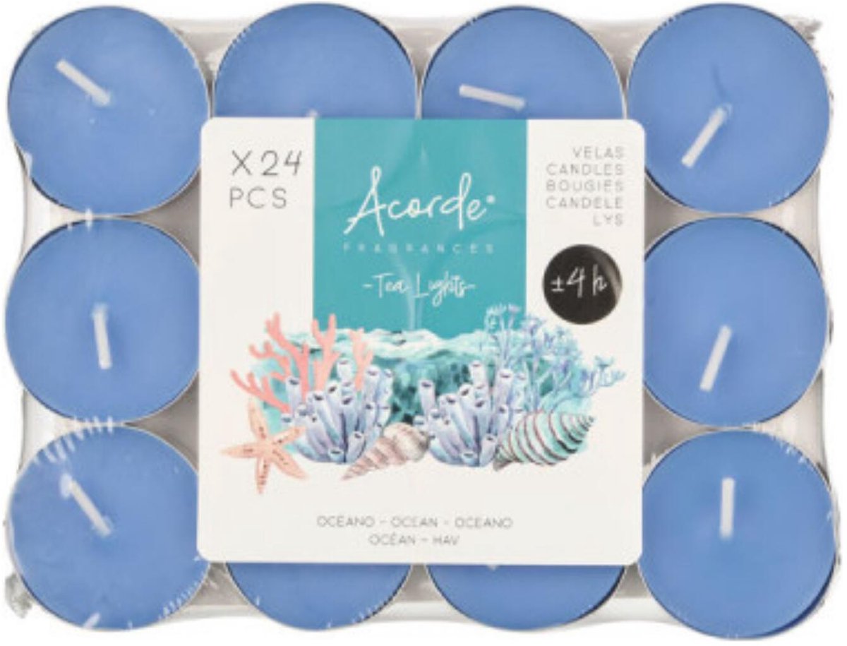Acorde theelichtjes - ocean geur - 24x - blauw - waxinelichtjes/geurkaarsen - 4 branduren