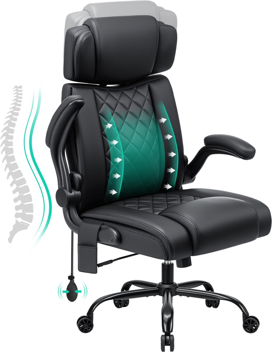HOFFREE Ergonomische Bureaustoel tot 200 kg – Chefsessel met Hoge Rugleuning, Verstelbare Hoofdsteun, Inklapbare Armleuningen, Kunstleer Computerstoel – Zwart
