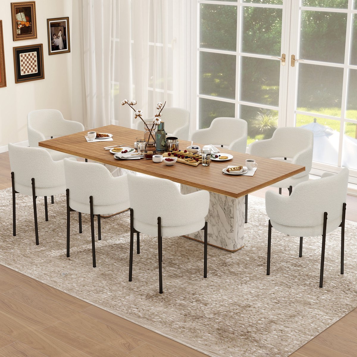 Puluomis - Eetkamerstoelen - Set van 8 - Teddy Fleece - Metalen poten - Gevoerde zitkussens - Gebogen rugleuning armleuning - Wit