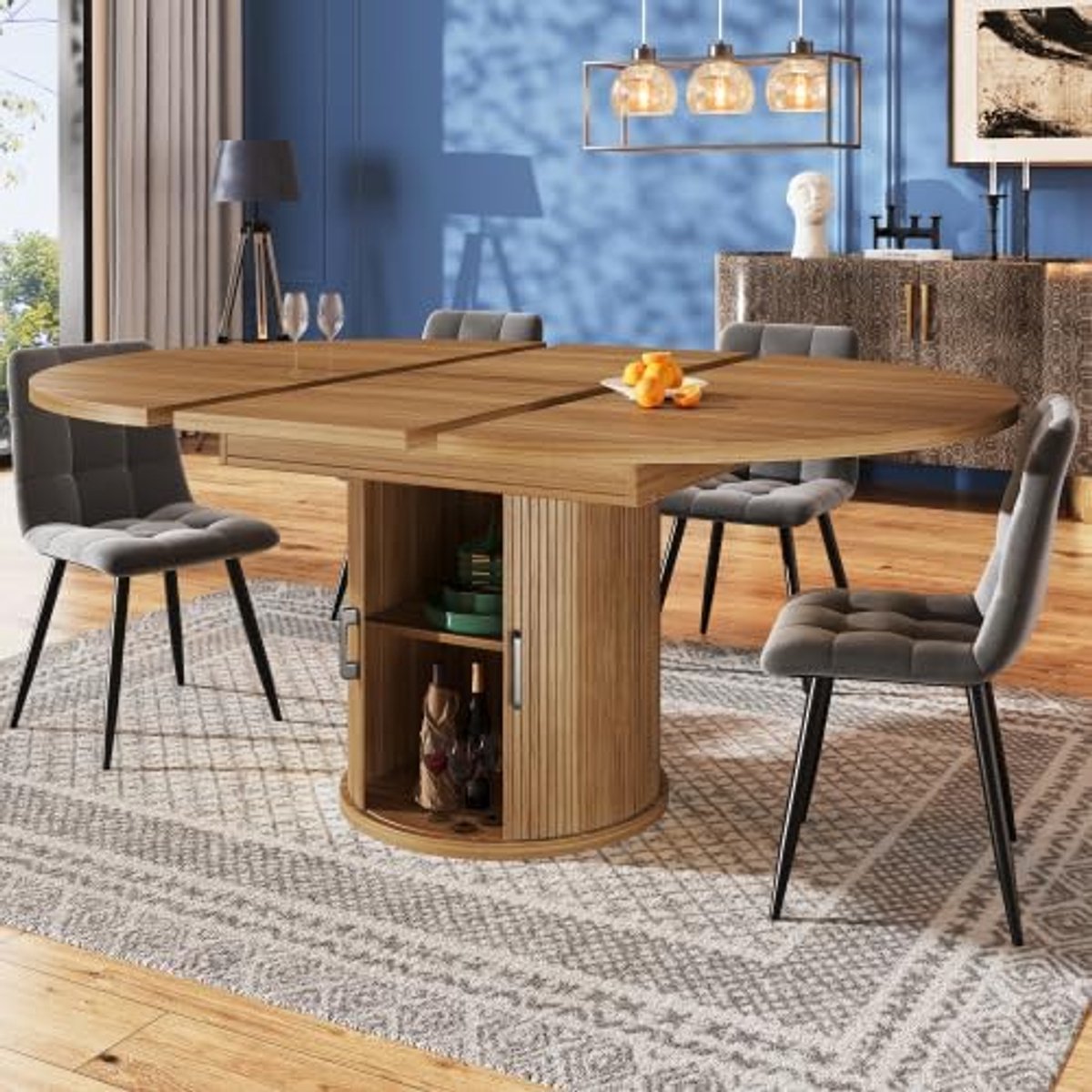 Valdora Luxe Extend Uitschuifbare Ronde Eettafel 118–158 cm – Design Ovale Keukentafel 118 x 118 x 76,8 cm van Hoogwaardig MDF met Walnootdecor en Zwart Podium Onderstel, Multifunctionele Eettafel voor 4 tot 6 Personen met Opbergruimte
