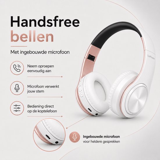 DrPhone BH1 - Draadloze Bluetooth Koptelefoon - FM Radio, Micro SD en AUX - On-Ear Headset met Microfoon - Wit/Rose