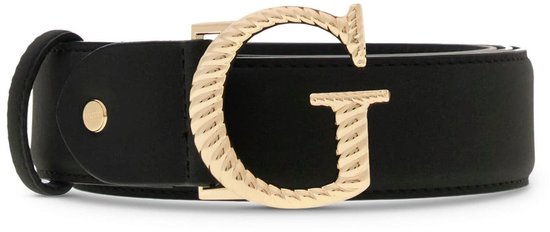 Zwarte GUESS riem met een gouden G-gesp met touwtextuur.