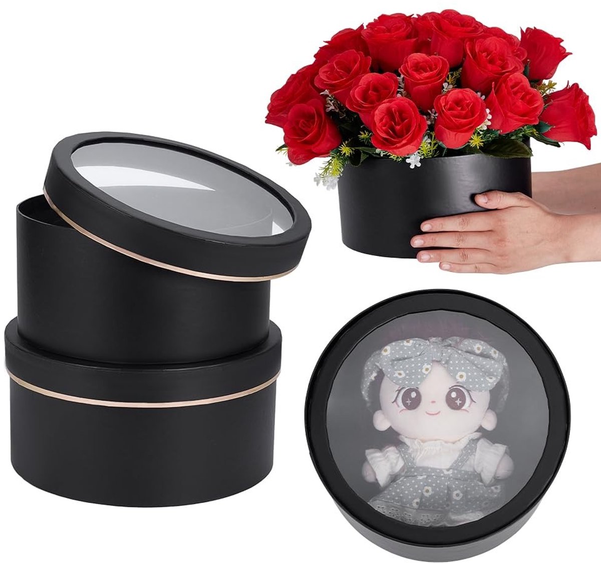 Dailygoods- Geschenkdoosjes 2 stuks - Ronde dozen 22,5/24,2 cm - Doorzichtige deksels - Decoratie voor bruiloft/verjaardag - Unieke verpakking - Cadeauverpakking
