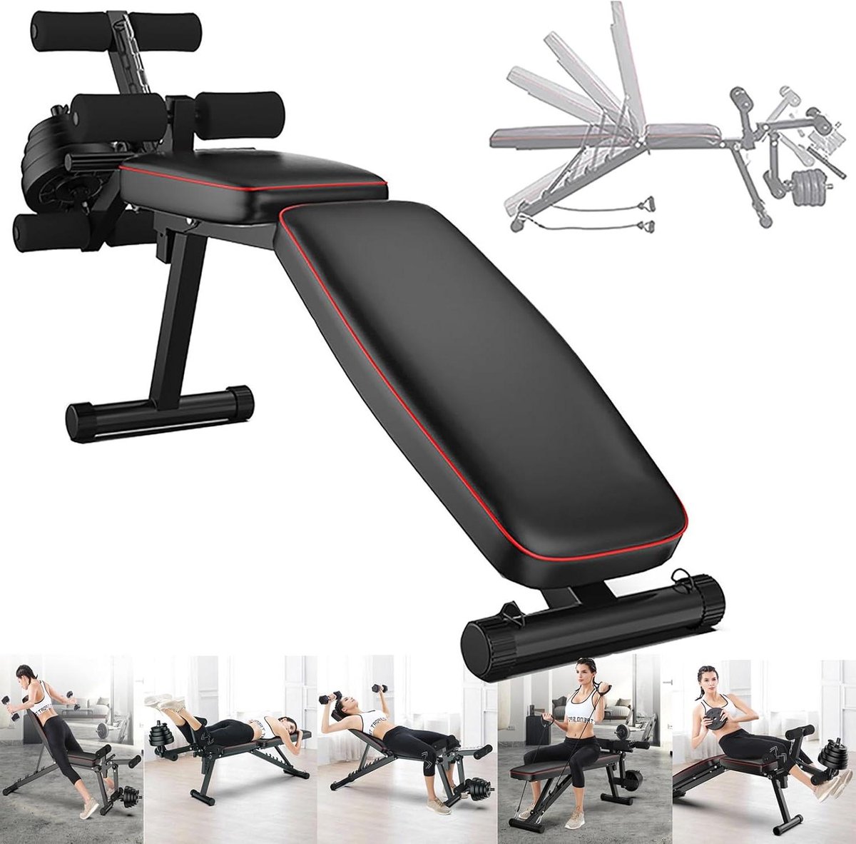 Halterbank - Trainingsbank - Kracht Training - 5 Hellingshoeken - 200 kg Capaciteit - Zwart
