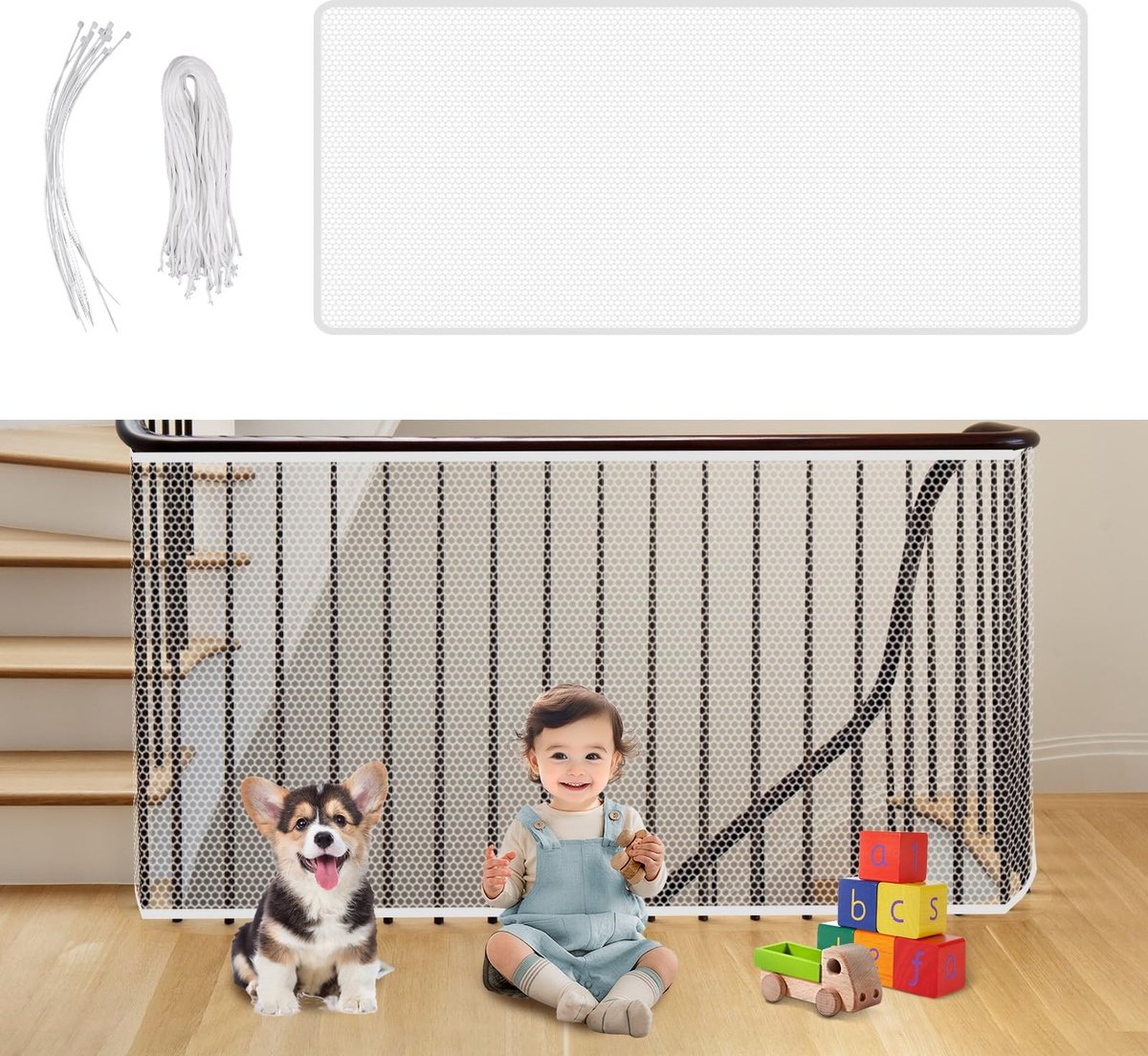 Dailygoods- Trappenbeschermingsnet 80 cm x 3 m - Kinderveiligheidsnet - Veiligheidsnet voor huisdieren - Nylon mesh - Scheurbestendig - Ademend ontwerp