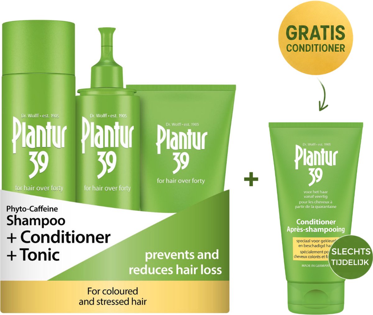 Plantur 39 Cafeïne Shampoo Conditioner en Tonic + GRATIS Extra Conditioner voorkomt en vermindert haaruitval | Voor gekleurd en gestrest haar